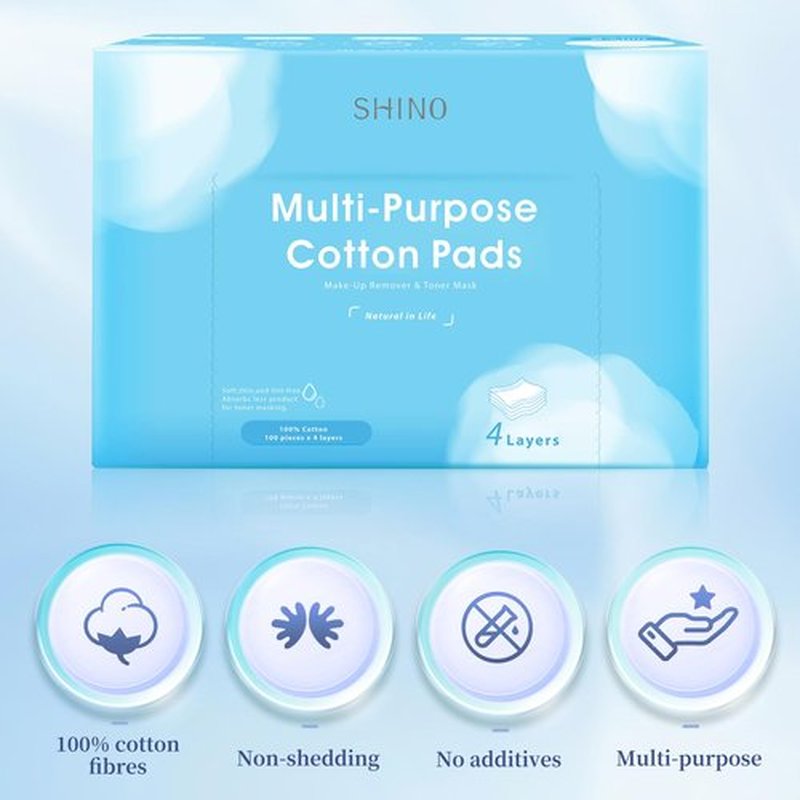 SHINO Multi Purpose Cotton Pads for Face, 4-Layer Cotton Pads Makeup Remover 100% Cotton Chemical Free Biodegradable 2" x 3" Sensitive Skincare Pads (6 Pack)
