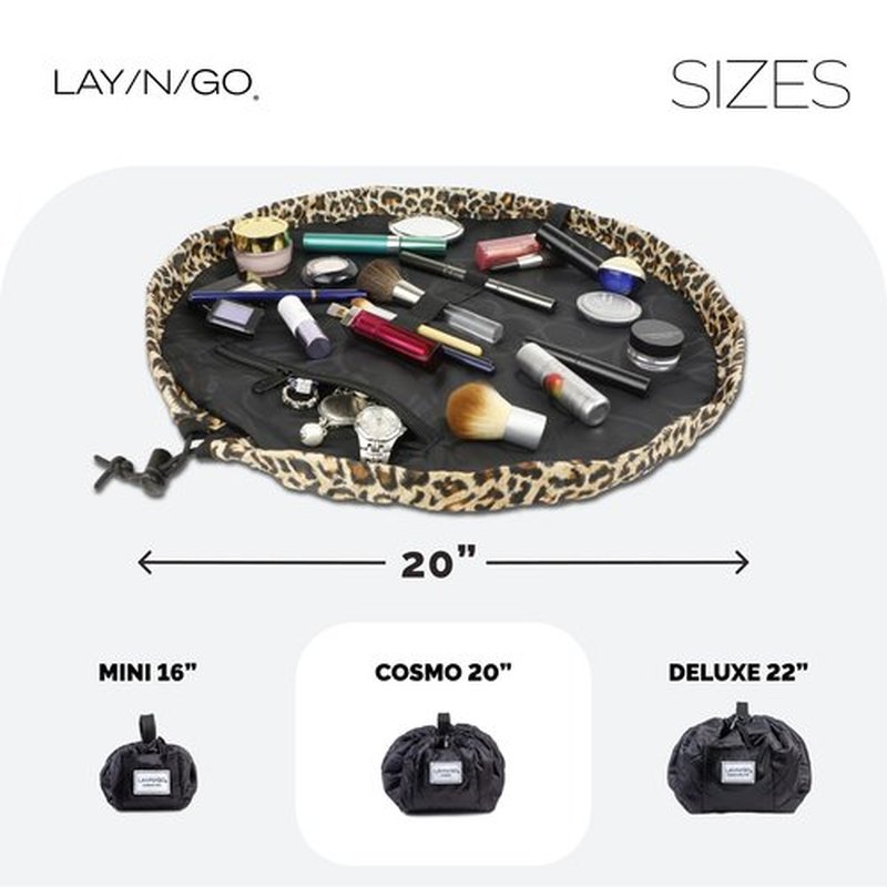 Lay-n-Go Cosmo Drawstring Cosmetic & Makeup Bag Organizer - Portable Drawstring Makeup Bag w/Zipper Pocket, Makeup Loops & More - Durable, Machine Washable Makeup Bag for Travel (20”, Leopard)