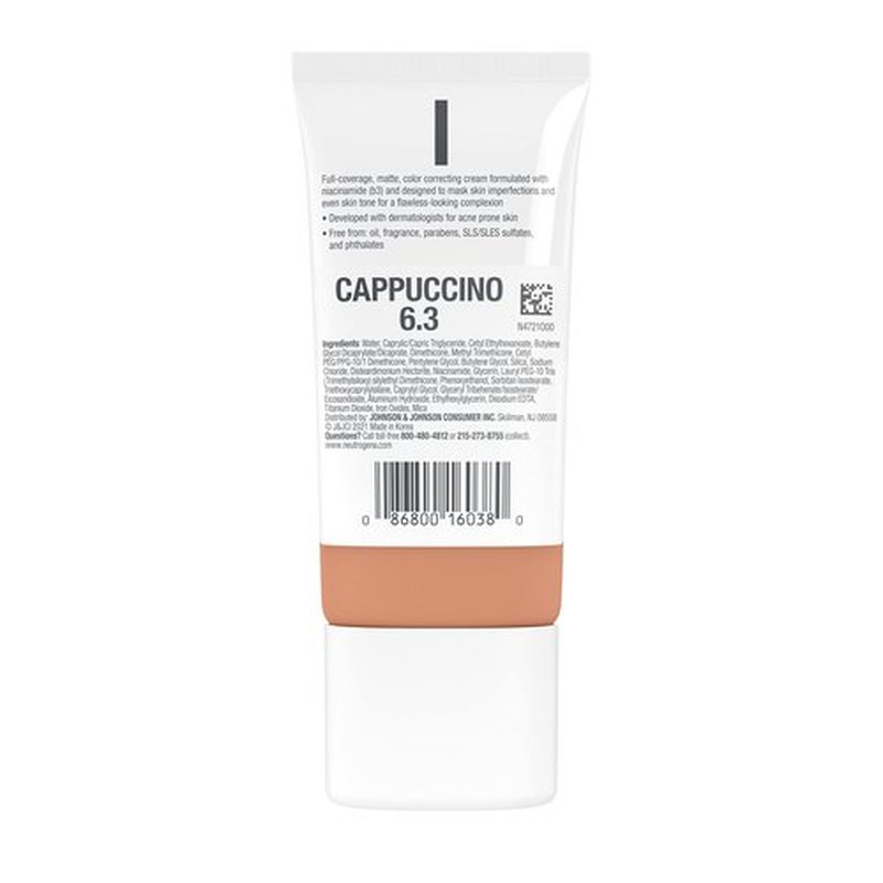 Neutrogena Clear Coverage Flawless Matte CC Cream, Full-Coverage Color Correcting Cream Face Makeup with Niacinamide (b3), Hypoallergenic, Oil Free & Fragrance Free, Cappuccino, 1 oz