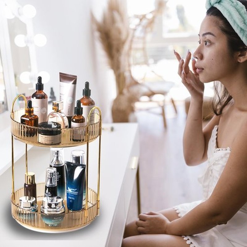 Zufudo Rotating Makeup Organizer 2 Tier Lazy Susan Trays Skincare Perfume Organizer for Bathroom Counter Vanity, Amber Gold