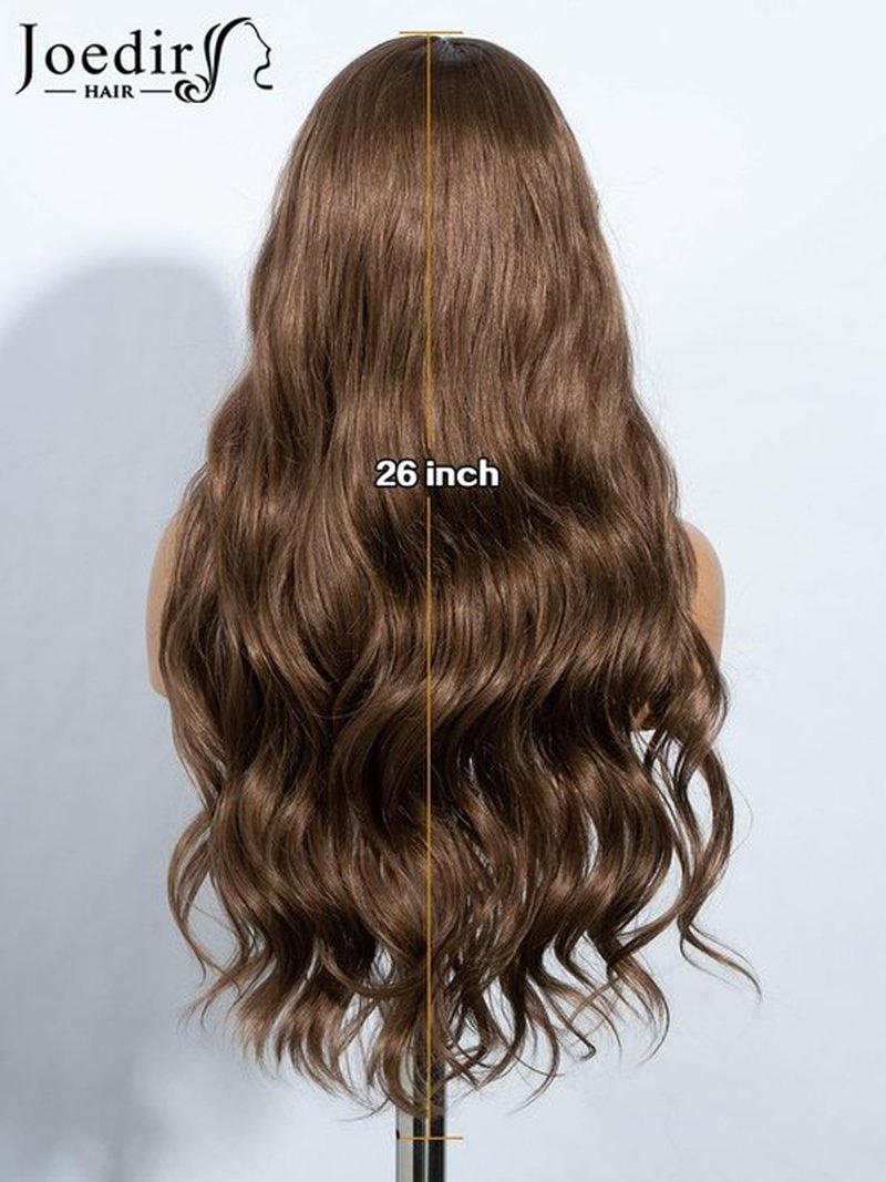 JOEDIR HAIR Brown Wig with Bangs Long Wavy Wigs for Women Curtain Bangs Wig 26 Inch Synthetic Wig Halloween Costumes Cosplay Party Wigs (Color:6)