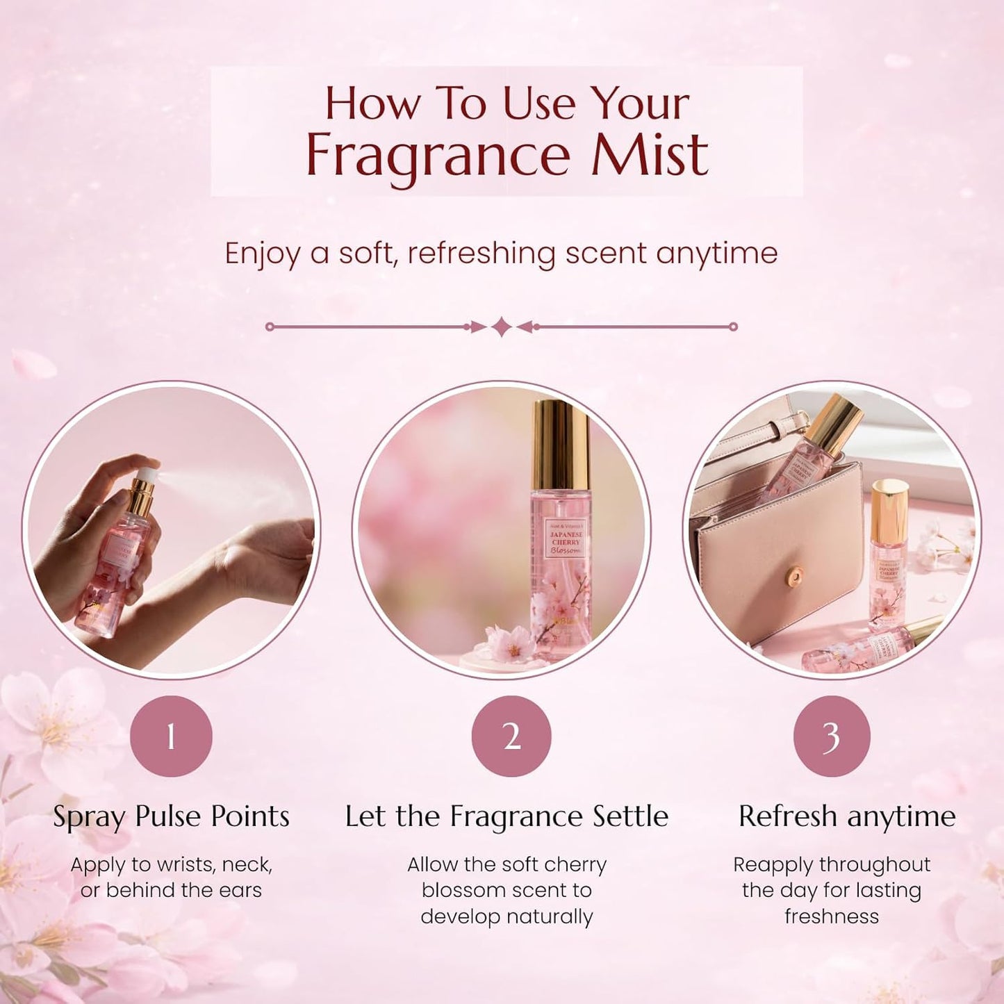 BBlove Body Mist Set for Women – Japanese Cherry Blossom Bath & Body Care, Body Spray 3 Pack (Travel Size 2.03 Fl Oz Each) – Floral Fragrance Gift Set for Mother's Day, Birthday & Holiday