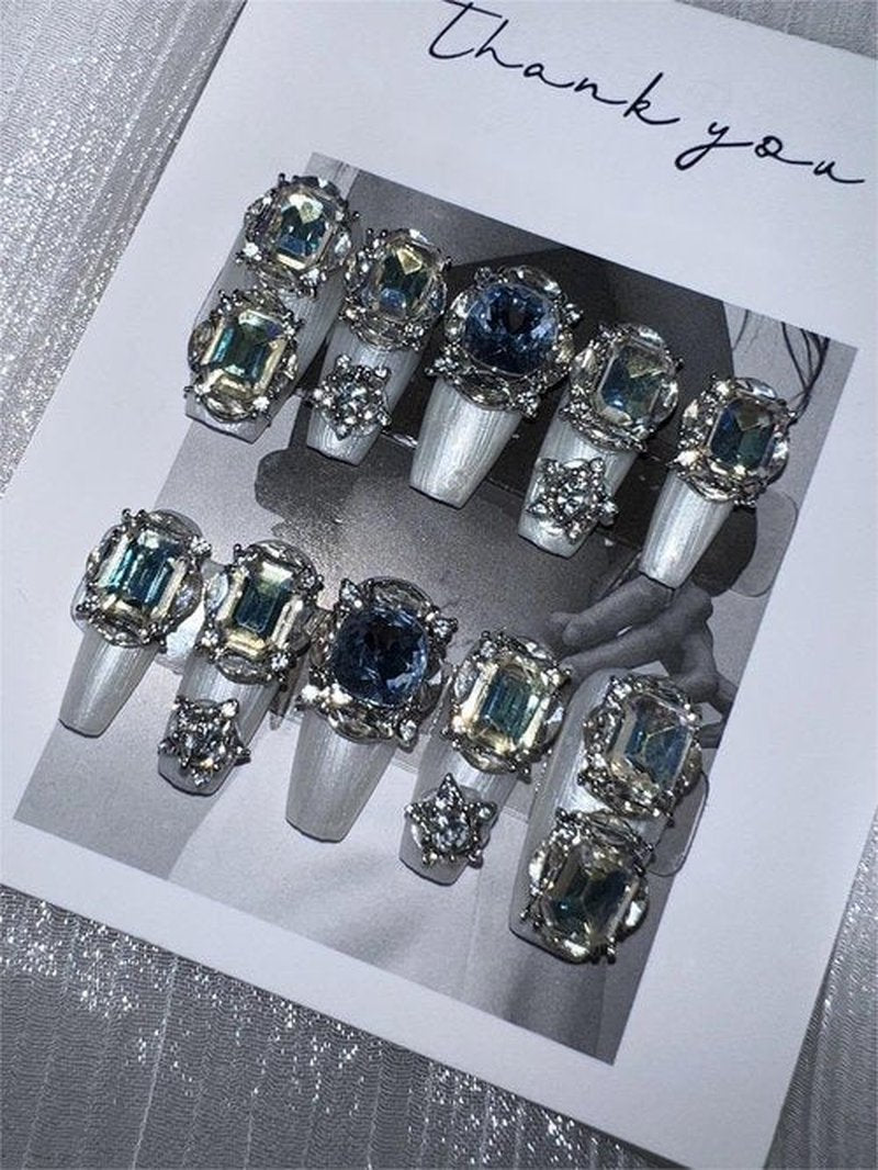 MNAFAYY Luxury Gems 100% Handmade Nails Short Medium Press On Nails Full Cover 3D Rhinestone Crystal Gorgeous Reusable UV Finished Fake False Nails Acrylic Nail Kit Box Gifts for Women S