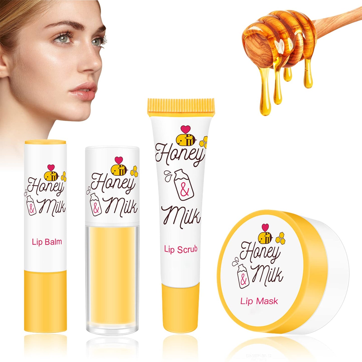 LSxia 4 Piece Honey Milk Lip Mask Lip Balm Lip Scrub Lip Oil Lip Care Kit