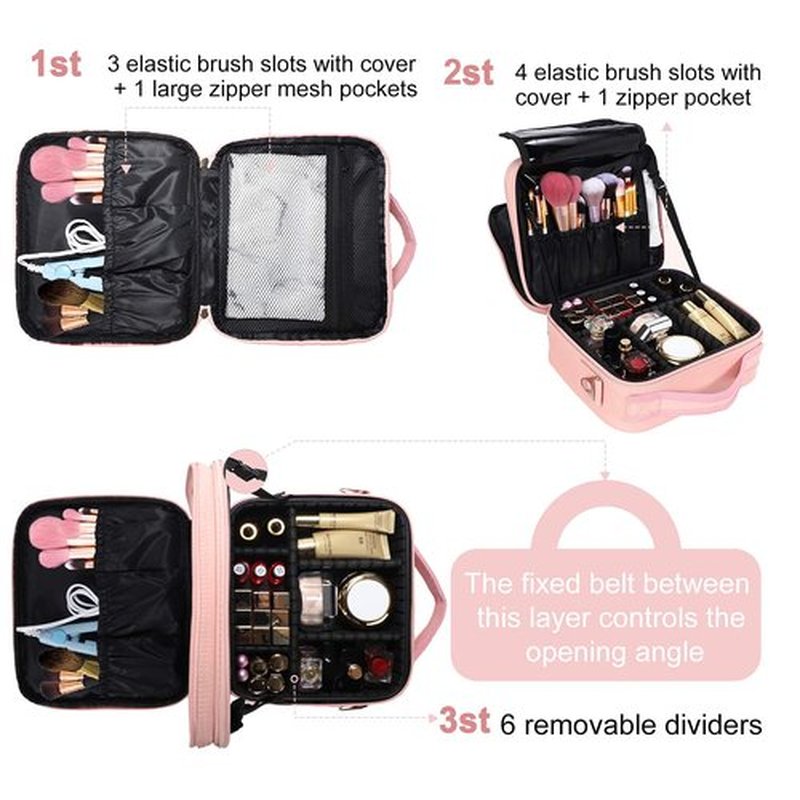 JOURMON Travel Makeup Bag Train Case Cosmetic Case Organizer Portable Artist Storage Bag with Adjustable Dividers for Cosmetics Makeup Brushes Toiletry Jewelry Digital Accessories(Cute Pink,S)
