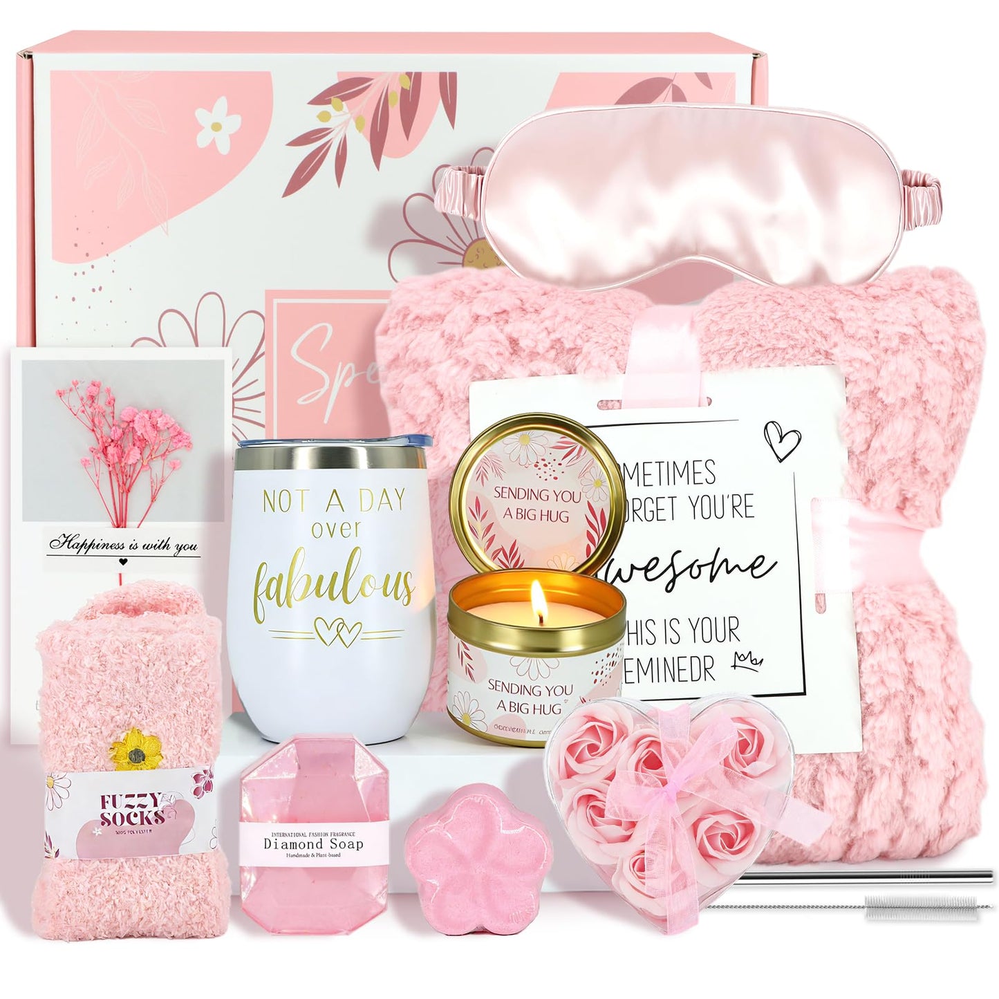 Birthday Gifts for Women Mother's Day Gift Self Care Get Well Soon Gifts Flower Relaxing Spa Gift Basket Bath Set,Unique Luxury Self Care Box Gift for Mom Her Wife Sister Girlfriend, Girl Friend Pink
