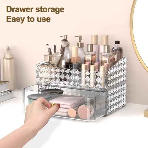Rosoenvi Makeup Organizer for Vanity, Stackable Cosmetics Organizer and Storage, Cosmetic Display Cases with 1 Drawers and 1 Tray for Makeup Brush, Hair Accessories, Lipstick and Jewelry, Clear