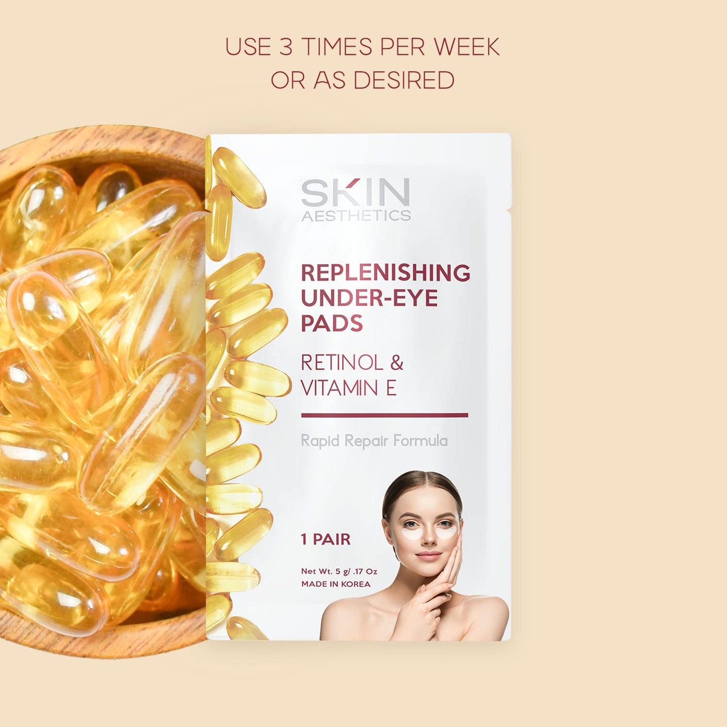 Skin Aesthetics Retinol & Vitamin E Under Eye Patches - Reduces Wrinkles, Fine Lines & Eye Bags, Repairs Skin - Dermatologist Tested Korean Skincare - Clean Beauty, Cruelty-Free - 5 Pairs