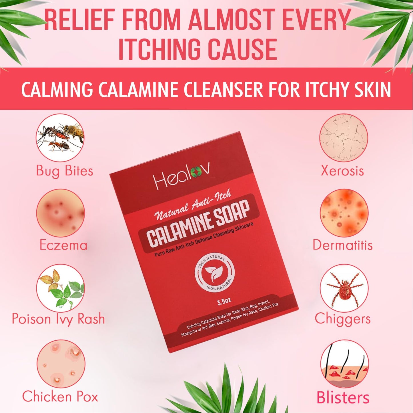 Calamine Soap Bar for Itching – All Natural Instant Itch Relief – Calming Calamine Soap for Itchy Skin, Insect Bite, Eczema, Ivy Rash, Chicken Pox – Pure Raw Anti-Itch Defense Cleansing Skincare