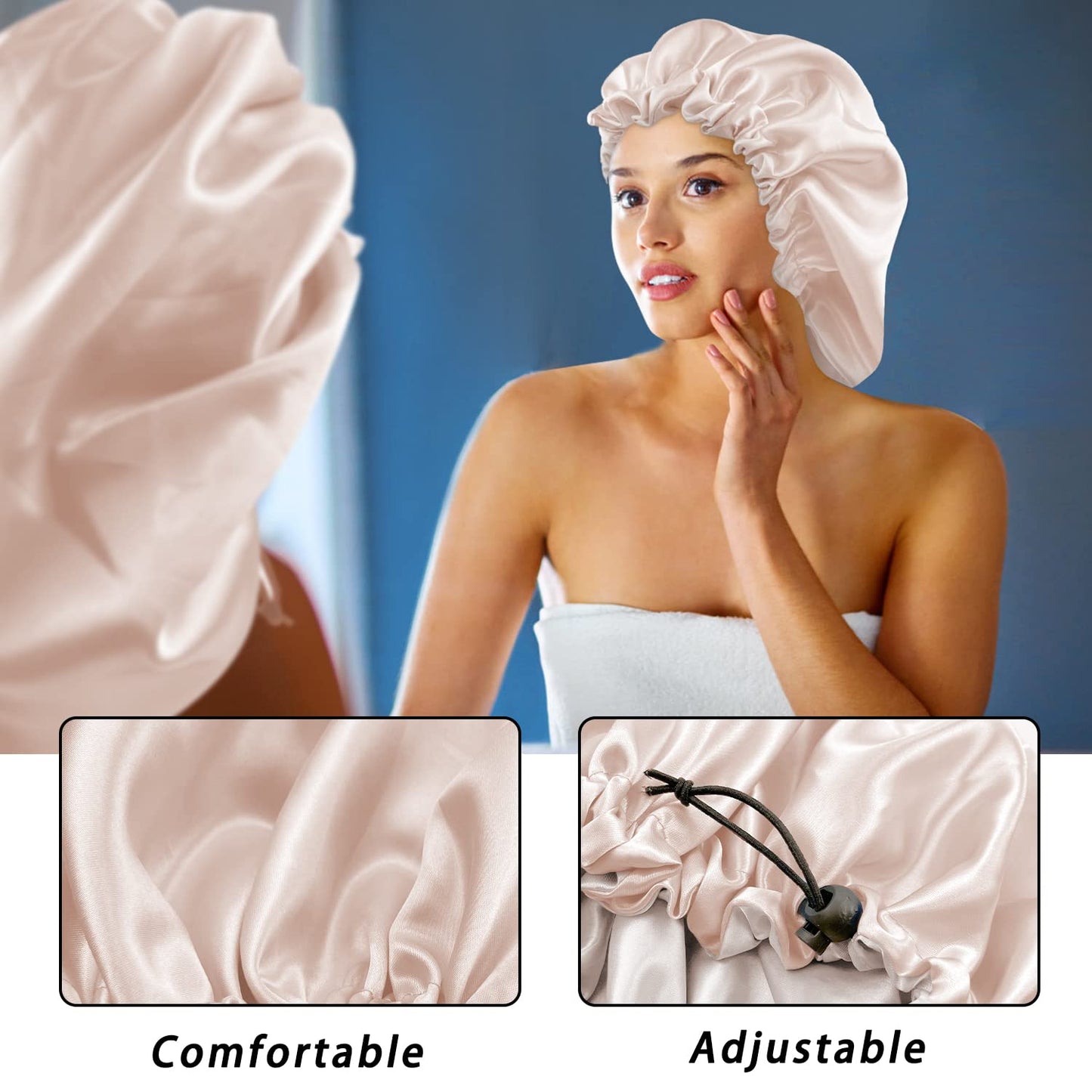 Satin Bonnet Silk Bonnet for Curly Hair Bonnet Braid Bonnet for Sleeping Bonnets for Women Large Double-Layer Adjustable Champagne