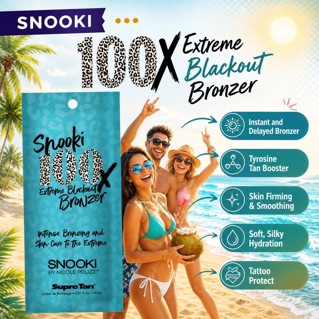 Assorted Snooki Tanning Bed Lotion (10 Packets) + Protective EYE WEAR Random Variety Mix 70X Ultra Dark, 100X Extreme Blackout, Hello Weekend, Summer in a Bottle, Bonita Tan (0.57 oz ea)