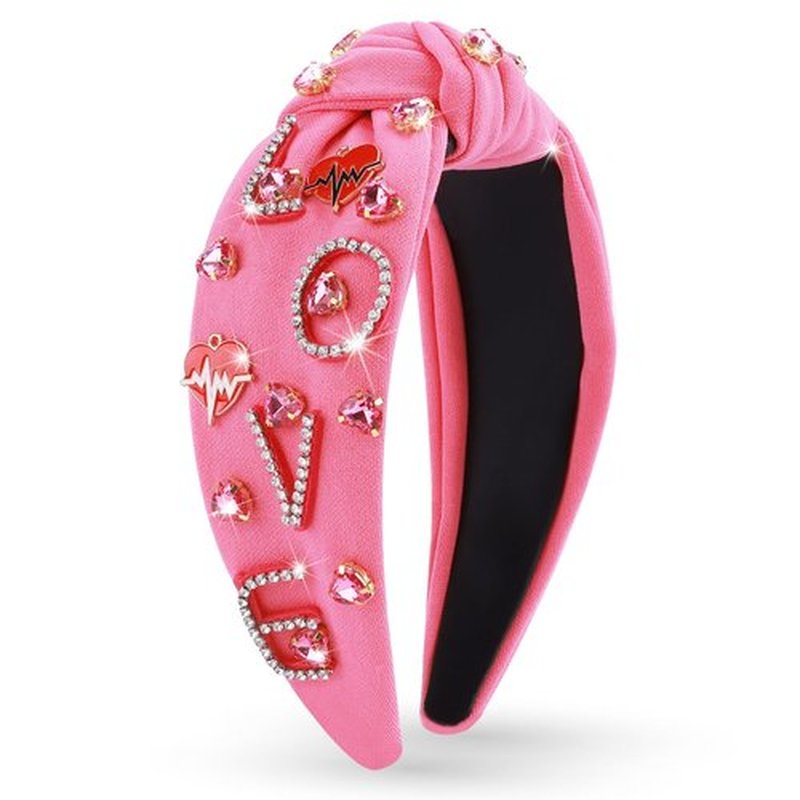 MOSOTECH Love Crystal Headband for Women, Rhinestone Love Heart Knotted Headbands Jeweled Wide Top Knot Hairband Hair Accessories for Valentine's Day Birthday Gifts (RosePink)