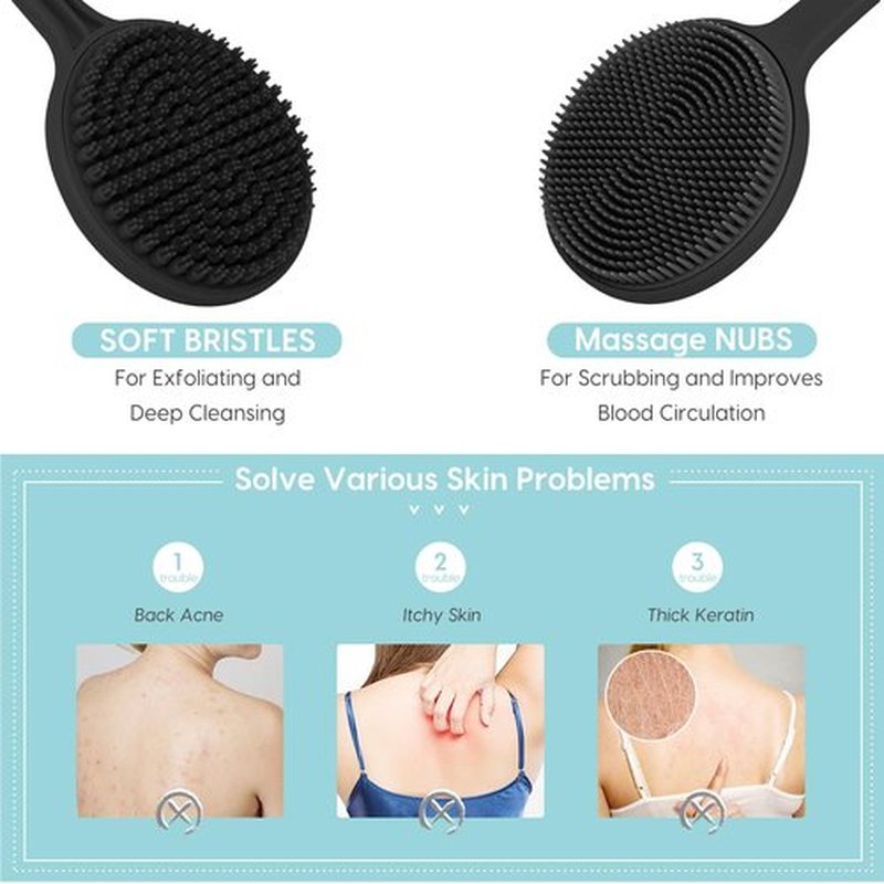 VWMYQ Silicone Back Scrubber for Shower, 17in Lengthen Long Handle Body Brush, Double Sided Shower Brush for Shower Exfoliating and Massage Can Produce Rich Foam, Long Handle Back Scrubber for Men