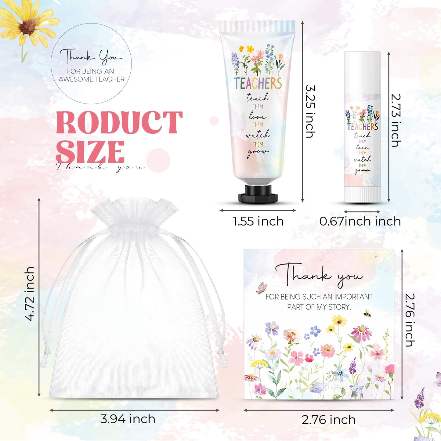 Heigble 12 Sets Wildflower Teacher Appreciation Gifts Include Hand Cream Lip Balm Bulk Organza Bags Thank You Cards, Thank You Teacher Graduation Watercolor Flowers Theme Gifts Party Favors for Women