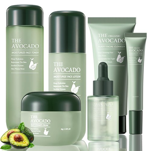 Avocado Skin Care Set for Women,6PCS Skincare Kits with Facial Cleanser, Toner, Serum, Lotion,Cream, Eye Cream, Moisturizing Korean Skin Care Set,Anti-Aging Skin Care Set,Face Care Gift Set for Women
