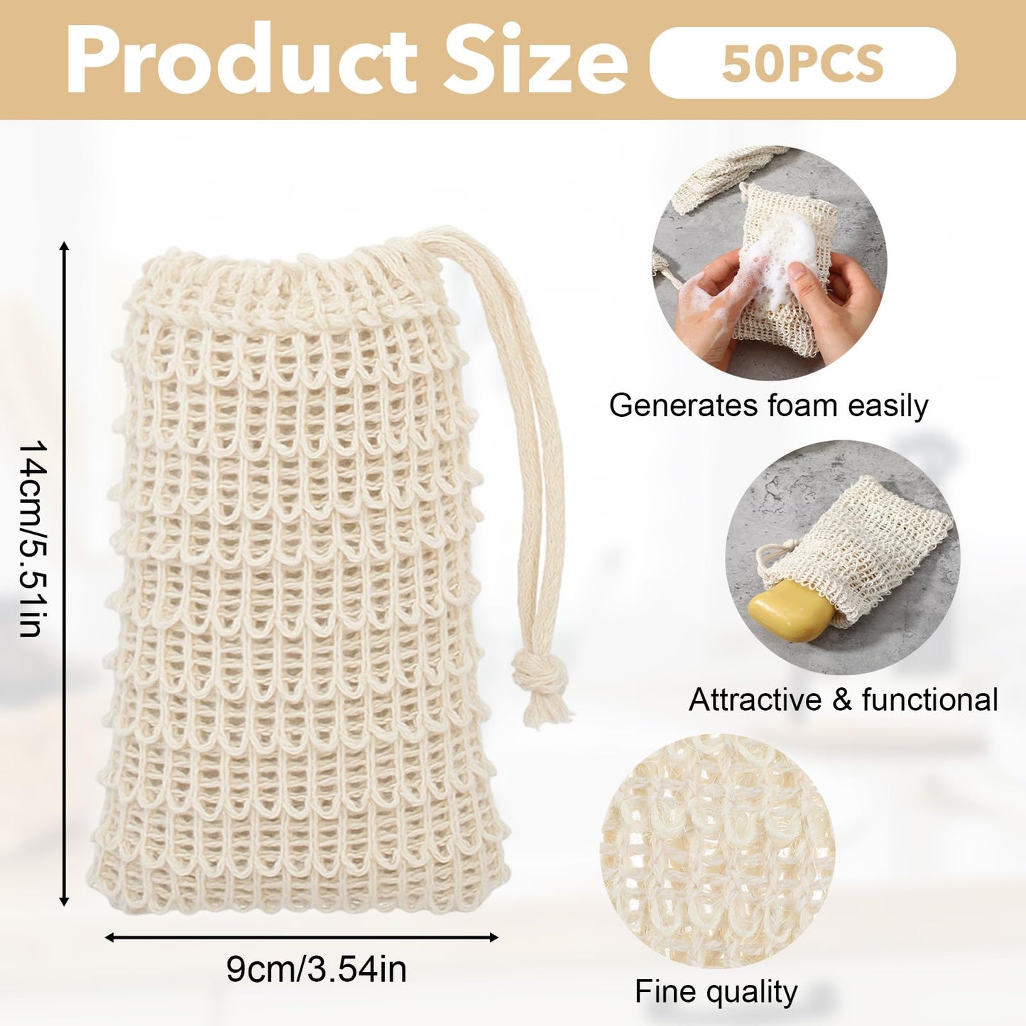 SHENLIU 50 Pack Soap Bags with Drawstring, Mesh Exfoliating Soap Saver Bag Sisal Soaps Pouch Bar Foaming and Drying Exfoliating Net for Bath Shower Massaging Scrubbing (5.3 × 3.7inch)