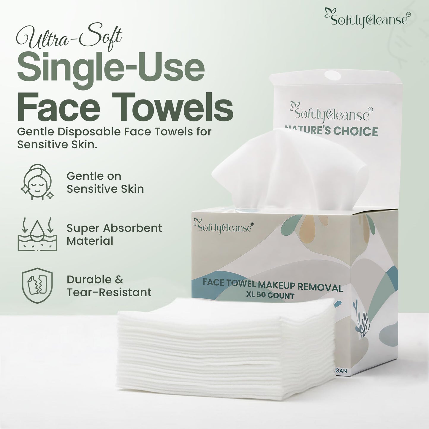 XL Disposable Face Towelettes, Thick Ultra Soft Double Sided Wash Cloth, Natural Biodegradable, Lint-Free, Scent Free, Cruelty-Free, Vegan Accepted Facial Cleansing Towels for Sensitive Skin, 50 Count