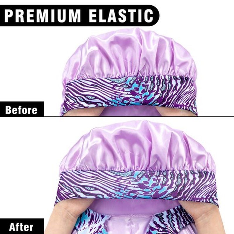2Pack Bonnets for Black Women Braid Bonnet, Large Long Bonnet Satin Bonnet for Braids,Black Women Silk Bonnet with Stretchy Tie Band Braid Bonnet for Sleeping Extra Long (Black&Light Purple Pattern