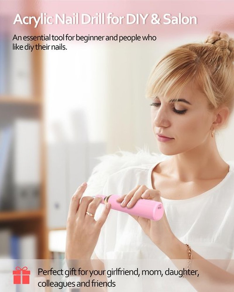 DEEHENK Electric Cordless Nail Drill Portable Nail Drill Machine for Gel Acrylic Nails, Rechargeable Nail File for Home Salon Electric Nail File Pink