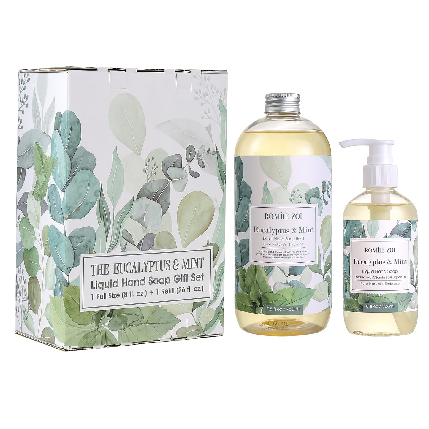 ROMIIE ZOI Liquid Hand Soap Gift Set, 750ml Refill + 236ml Liquid Soap, Cruelty-Free, Moisturizing Formula with Essential Oils, For Sensitive Skin, Eucalyptus Mint Scent, For Kitchen & Bathroom