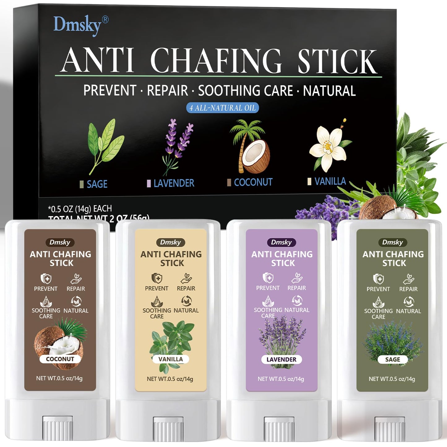 Dmsky 4 Flavors Anti Chafe Balm,Anti Chafing Stick for Men and Women,Chafing Stick with Added Emollients for Dry, Sensitive Skin,Use on Arm,Underarm,Chest,Bra Line,Thigh Chafing,Mini 0.5 OZ