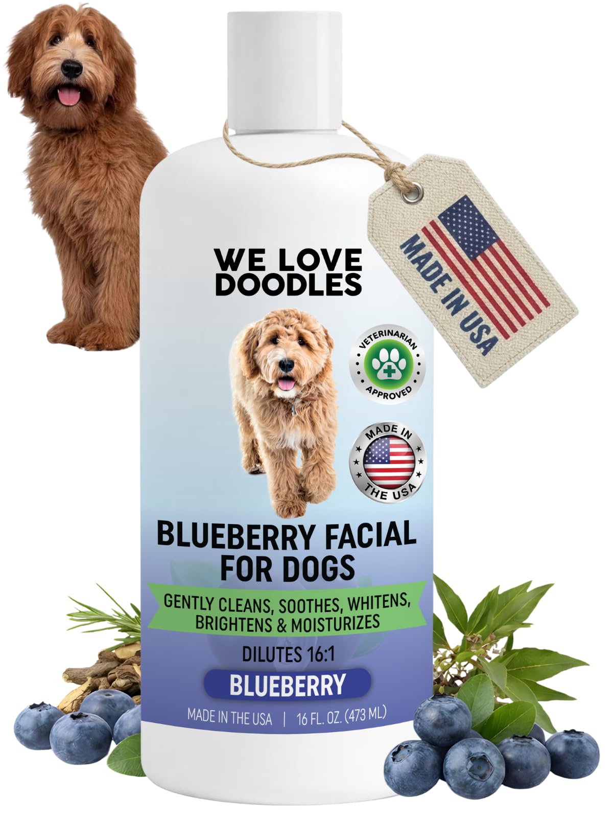 Blueberry Facial Dog Shampoo - Dog Tear Stain Remover, Brightens & Whitens Coat, Cleans & Deodorizes, Tearless, 16:1 Concentrated, 16 oz [We Love Doodles]