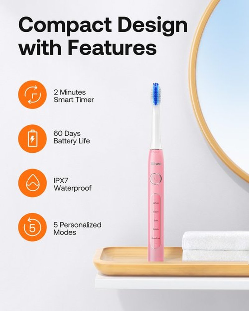 Bitvae Ultrasonic Electric Toothbrush - Rechargeable Sonic Electric Toothbrush for Adults and Kids, Power Toothbrush with Holder, 8 Brush Heads, Smart Timer, Fast Charge, Pink D2