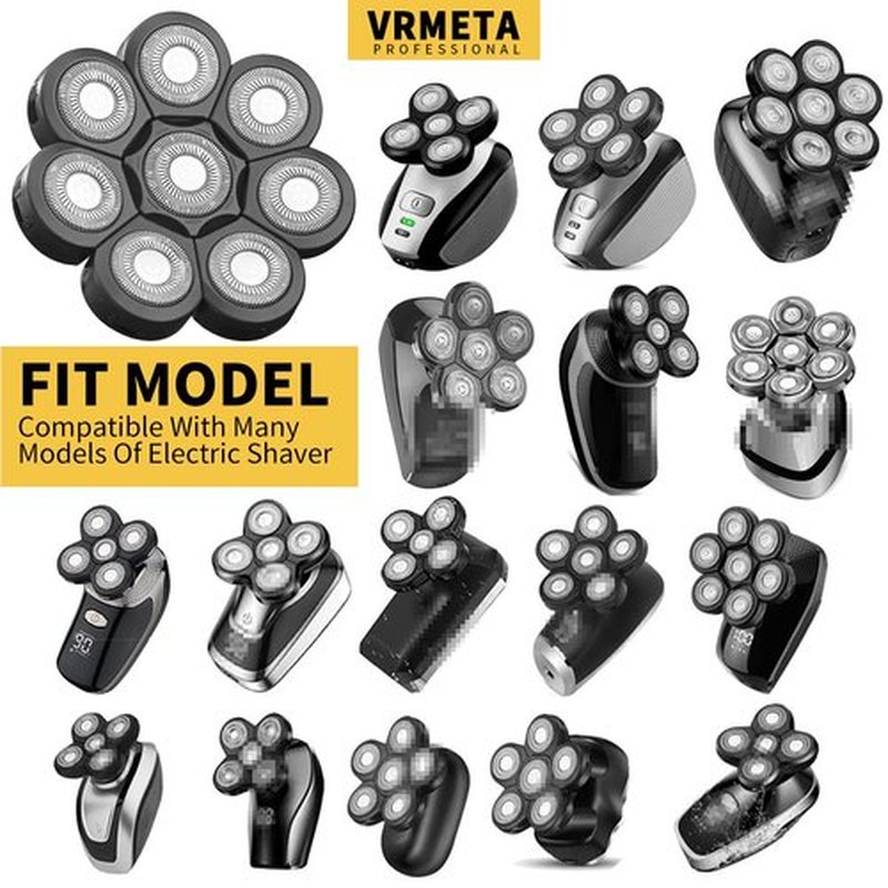 VRMETA Head Shaver Replacement Heads Floating Shaver Blades 8D Sharp Stainless Steel Men's Electric Shaver Replacement Heads for Electric Rotary Shaver (8 heads (Black)