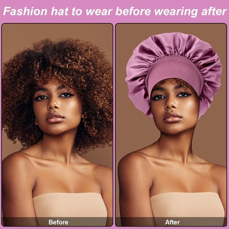 4PCS Silk Bonnet for Sleeping,Hair Wrap Satin Bonnets Shower Cap for Black Women Men, Elastic Wide Band Hair Bonnet Cap for Sleeping Curly Hair(Black & Bean Paste Pink & Purple & Brown)