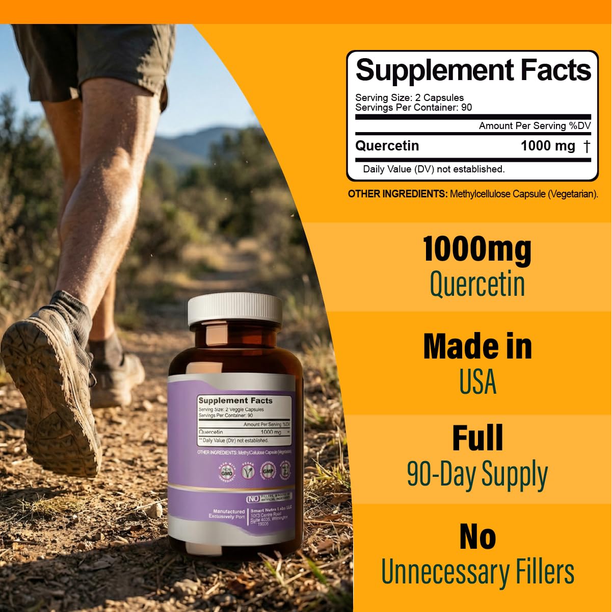 Smart Nutra Labs Quercetin 1000mg- 180 Vegan Capsules, 100% Pure Quercetin Supplement- Non-GMO, Gluten Free, Third Party Tested