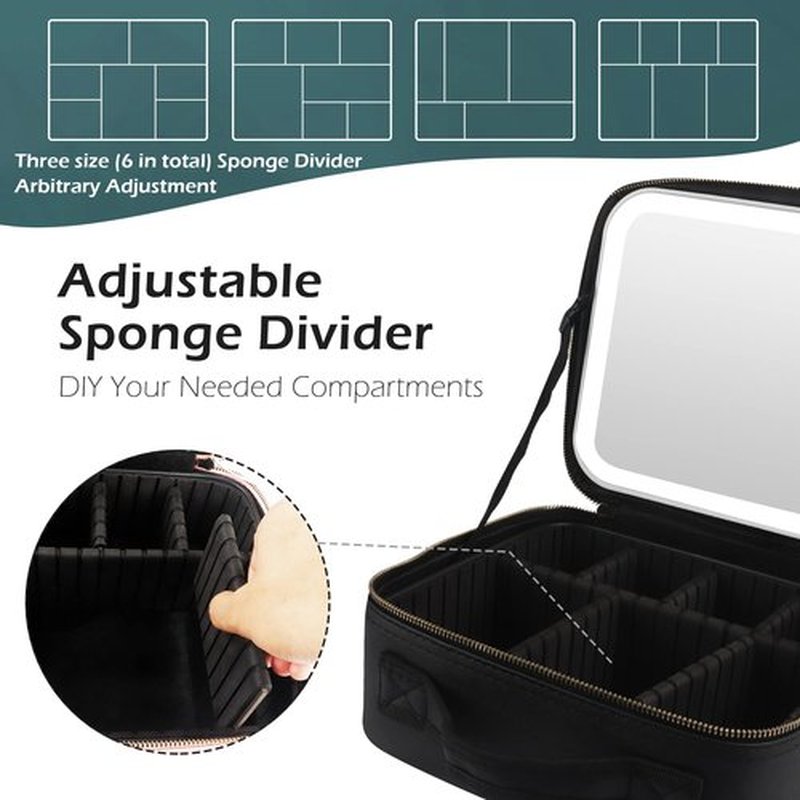 MOMIRA Makeup Bag with Mirror and Light Travel Makeup Train Case Cosmetic Organizer Portable Artist Storage Bag with Adjustable Dividers Makeup Brushes Storage Organizer Black