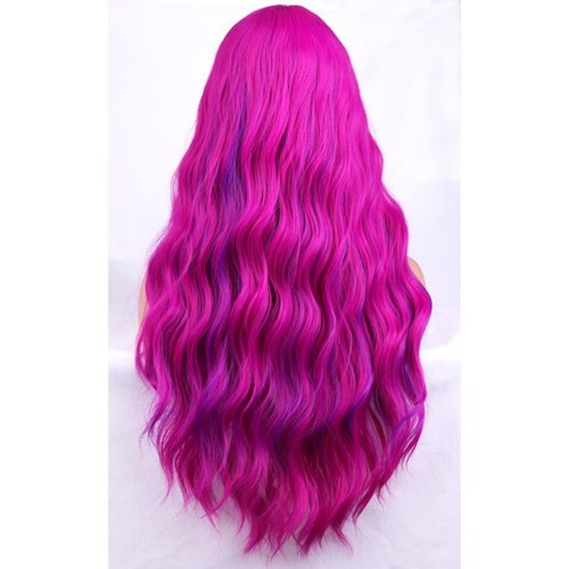 BERON Rose and Purple Long Wigs Curly Wavy Women Pastel Wigs with Bangs Hot Pink Color Heat Resistant Synthetic Wigs for Cosplay or Daily Wigs Wig Cap Included
