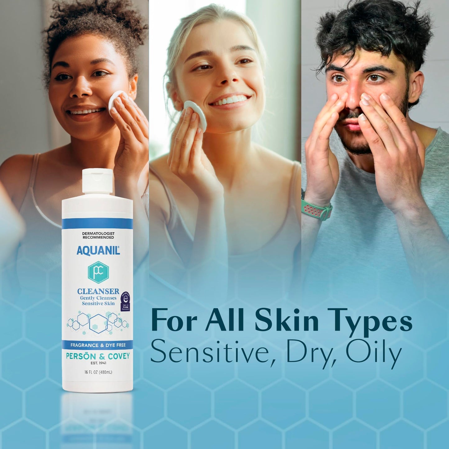Person & Covey Aquanil Cleanser - Lipid-Free Sensitive Skin Cleanser, Non-Comedogenic Gentle Cleanser - Soap Free Cleanser with 7 Ingredients, Fragrance-Free Skin Care Cleanser - 3 Pack, 16 Fl. Oz.
