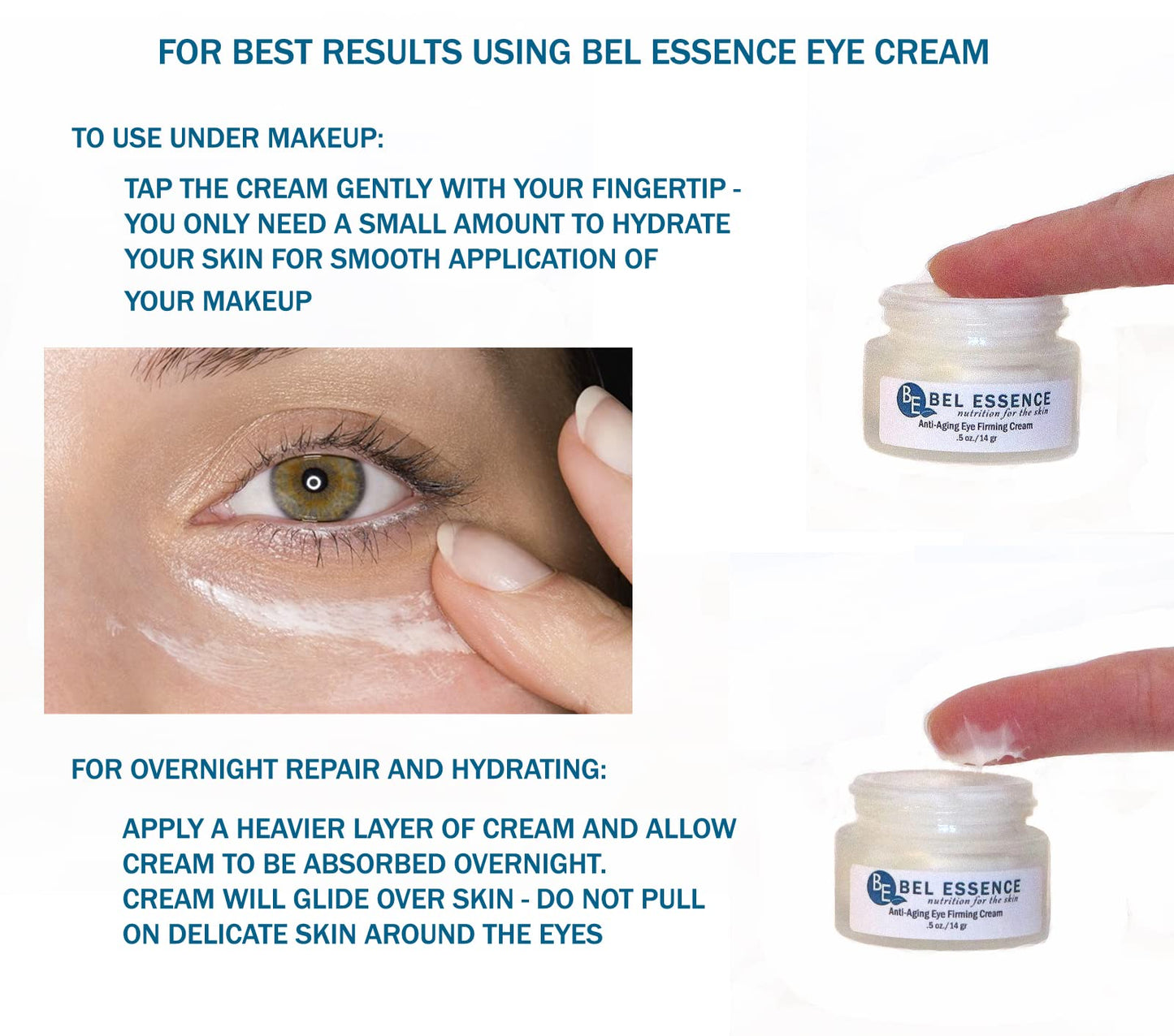 Bel Essence Anti-Aging Face Moisturizer and Anti-Wrinkle Under Eye Cream - Natural Aging Skin Care Set for Normal to Dry Skin - Hydrating Face Cream to Firm Skin, Reduce Fine Lines -1.5 Oz/.5 Oz