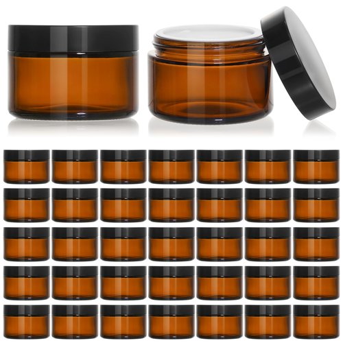 KEYWING 1oz Amber Glass Jars with Black Lids, 36 Pack Small Round Glass Cosmetic Jars with Inner Liners for Lotions, Cream, Powders and Ointments
