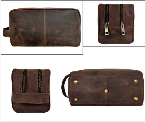 RUSTIC TOWN Full Grain Leather Travel Toiletry Bag - Dopp Kit Organizer (Dark Brown)