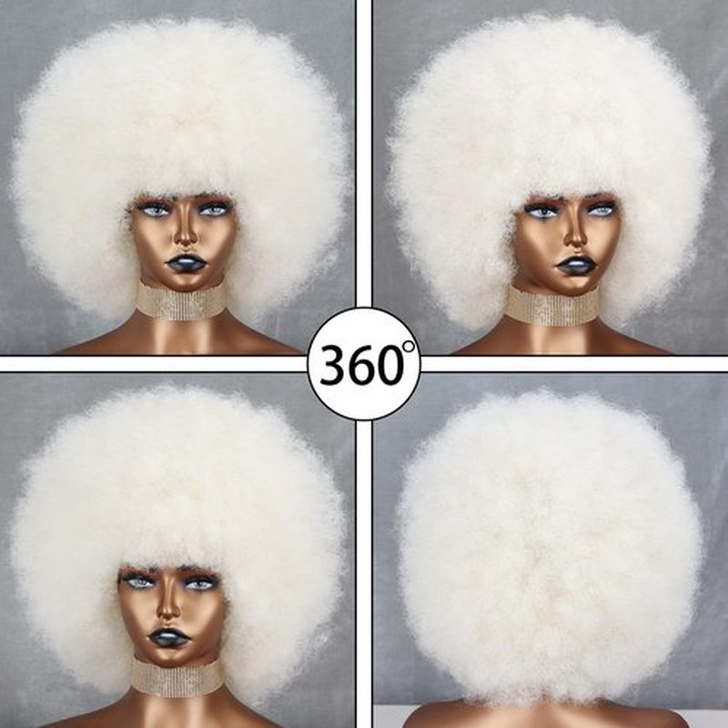 Xinran Short White Afro Wig for Black Women, Disco 70s Afro Wig for Women, Big 60s Puff Wig Bouncy Soft For Party Halloween and Party
