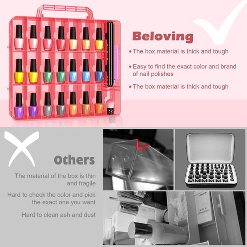 Beloving 2pcs Nail Polish Organizer, Portable 48 Bottles Clear Nail Polish Holder with Adjustable Divider, Gel Nail Polish Storage Double Side Nail Polish Organizer Case for Nail Tech Red