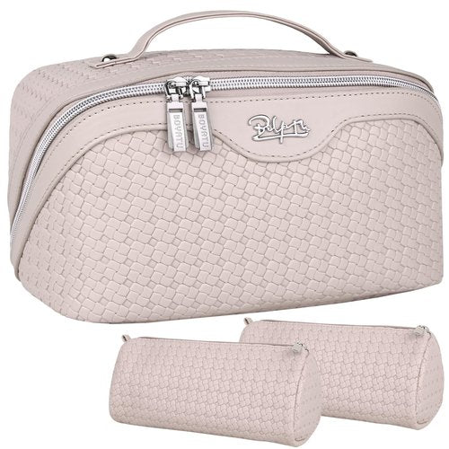 Travel Makeup Bags Cosmetic Organizer Bag: Large Capacity Make up Bag Set of 3 - Vegan Leather Woven Toiletry Bag for Women - Portable Makeup Organizer with Compartments & Handle & Divider Beige