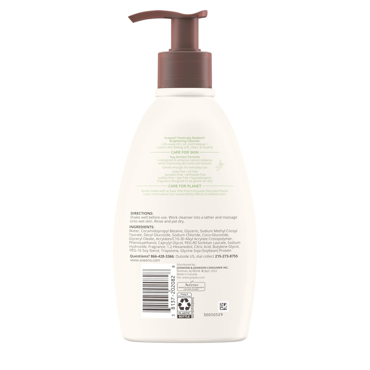 Aveeno Positively Radiant Brightening Facial Cleanser with Moisture Rich Soy Extract, Helps Even Skin Tone & Texture While Gently Lifting Away Dirt, Oil & Makeup, Sulfate-Free, 11 fl. oz (Pack of 2)