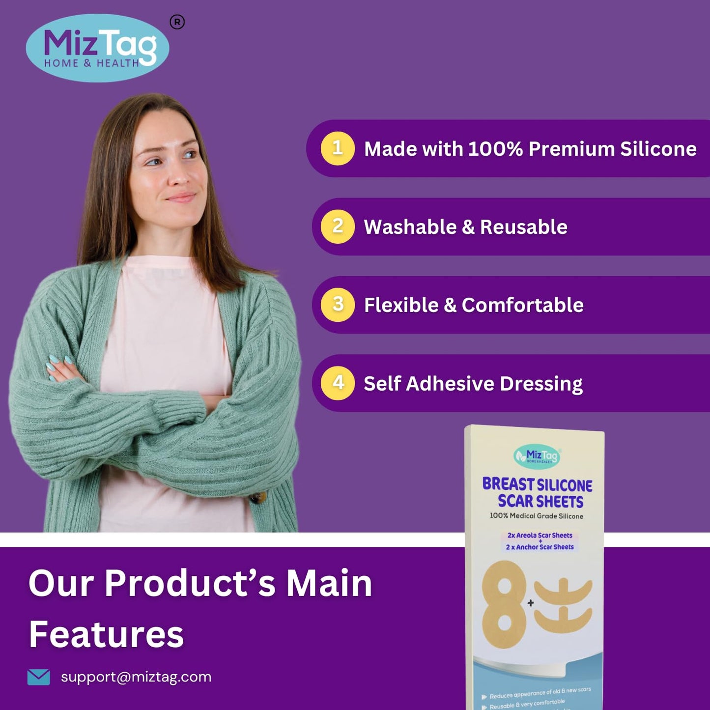 Silicone Scar Sheets for Combined Breast Lift + Augmentation Recovery | 4-Piece Areola & Anchor Kit by Miztag | Mommy Makeover & Mastopexy Post-Op Scar Treatment | Medical-Grade Reusable