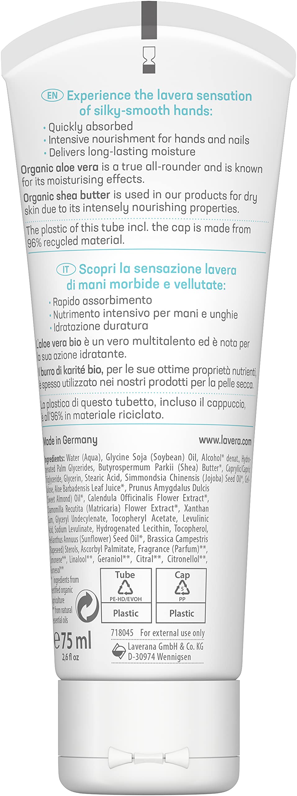 lavera Basis Sensitive Hand Cream - Hand Lotion with Aloe Vera & Shea Butter for Smooth Hands - Intensive & Moisturizing Care - PETA Certified - Vegan - Made in Germany - 2.5 Fl Oz