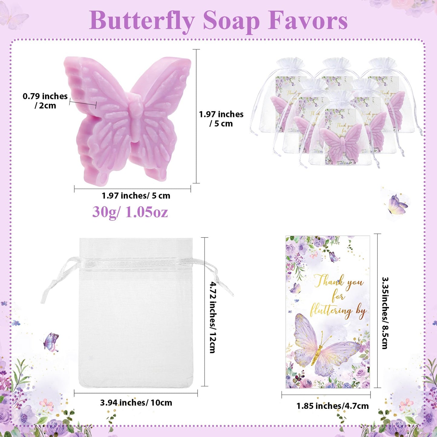 Dunzy 100 Set Butterfly Theme Baby Shower Favors for Guests Butterfly Soap Gifts with Thanks You Card Baptism Gender Reveal Party Wedding Favors Decorations Engagement Souvenirs (Purple)