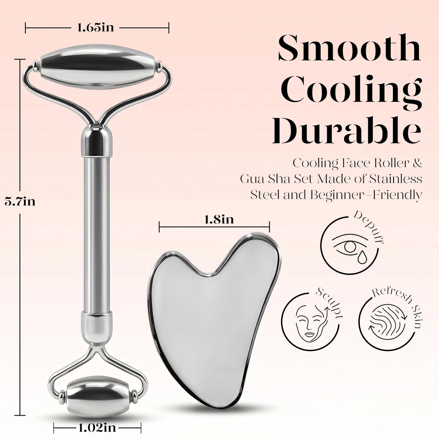 BAIMEI Stainless Steel Gua Sha & Face Roller Set, Facial Massage Tool for Face, Neck and Body, Cooling Metal Skin Care Tools for Depuffing Routine, Self Care Gift for Women