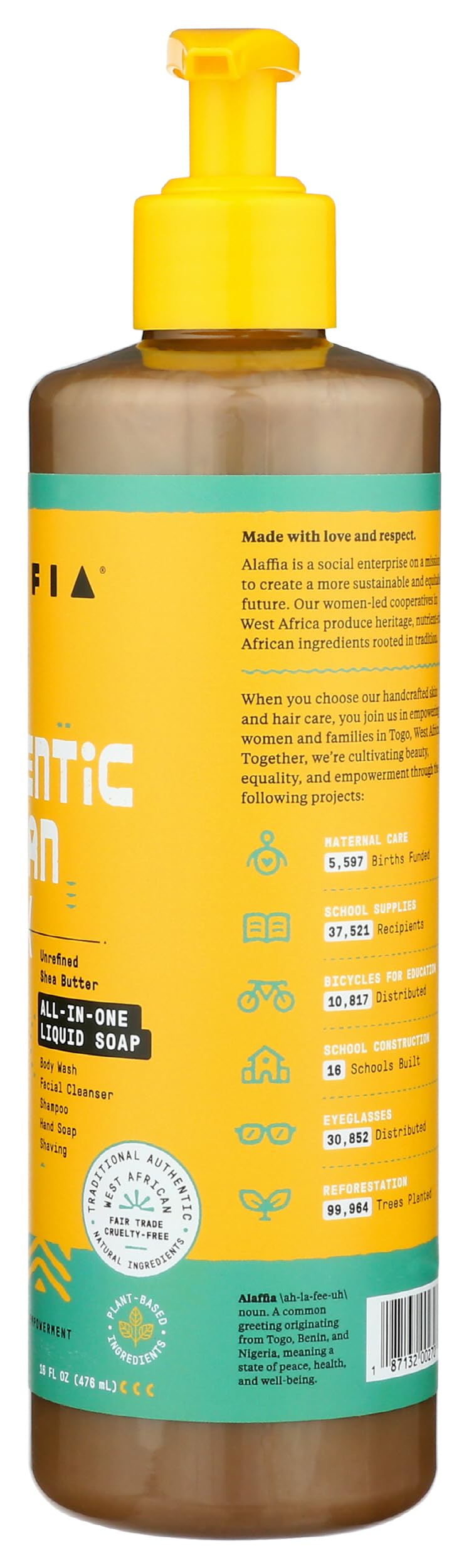 Alaffia - Authentic African Black Soap, All-in-One Body Wash, Shampoo, and Shaving Soap For All Skin and Hair Types, Fair Trade, No Parabens, Non-GMO, No SLS, Peppermint, 16 Ounce