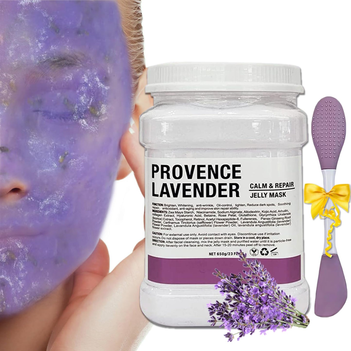 Ouhans Jelly Mask Powder for Facials,Lavender Jelly Masks for Facials Professional,Jelly Face Mask,Hydrating, Brightening & Nourishing,DIY SPA Rubber Mask,with double-ended silicone brush,23 Fl Oz