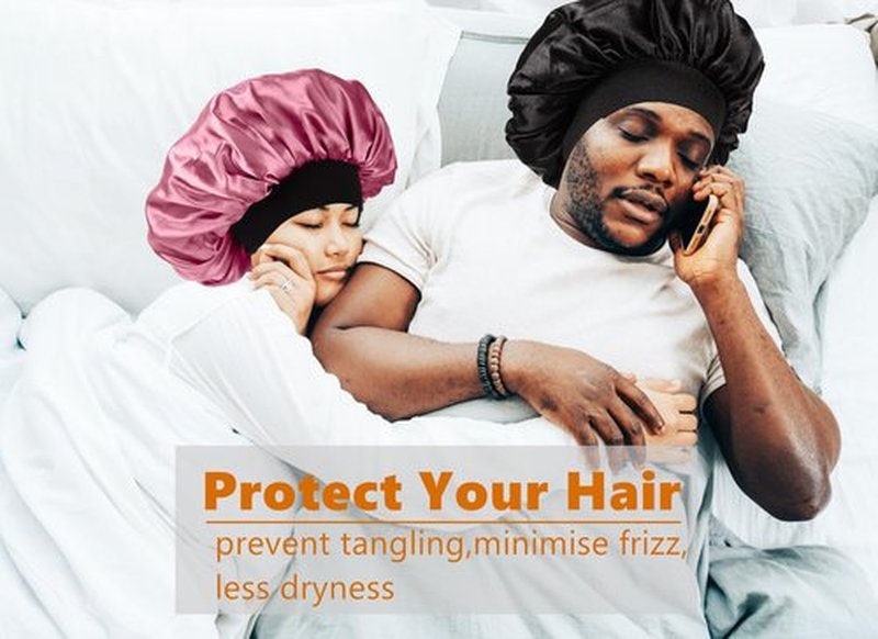 Bonnet for Men,Hair Bonnet for Sleeping,Double Layer Satin Bonnets for Black Women Curly Hair Braids,Reversible Sleep Cap (Large,Black/Rose Gold)