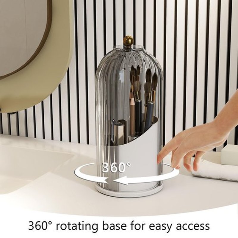 Emljkvp Makeup Brush Holder with Dustproof Cover 360 Rotating Makeup Brush Organizer for Vanity Bathroom, Grey