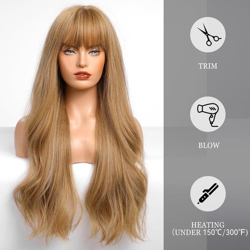 HAIRCUBE Blonde Wig with Bangs for Women Long Wavy Hair Wig Blonde Wig Curly Wavy Synthetic Wigs for Girls Daily Party Use