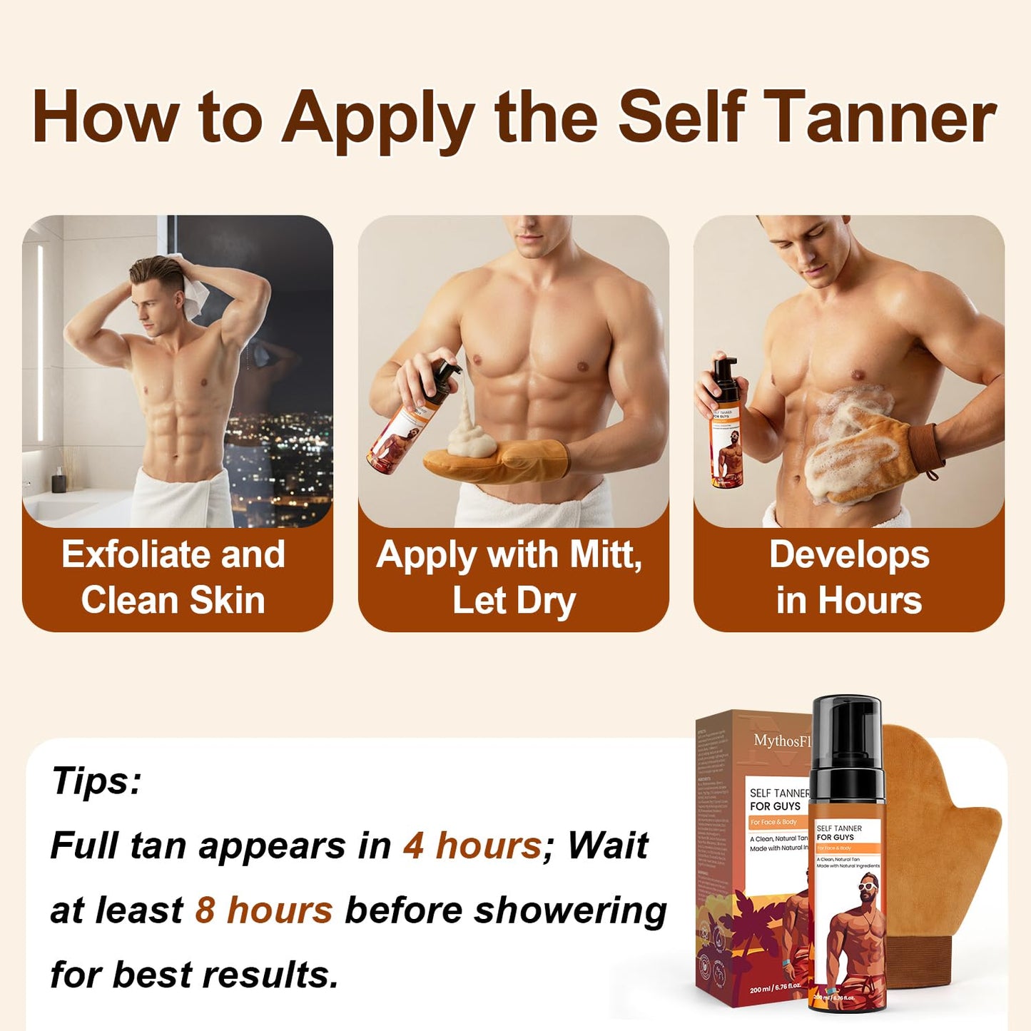 MythosFlow Self Tanner for Men Self Tanning Mousse with Mitt, Fast-Drying Sunless Tanner Foam for Face and Body, Natural Medium Bronze Quick Tan, Lightweight, Smooth Fade, 6.76 Fl Oz